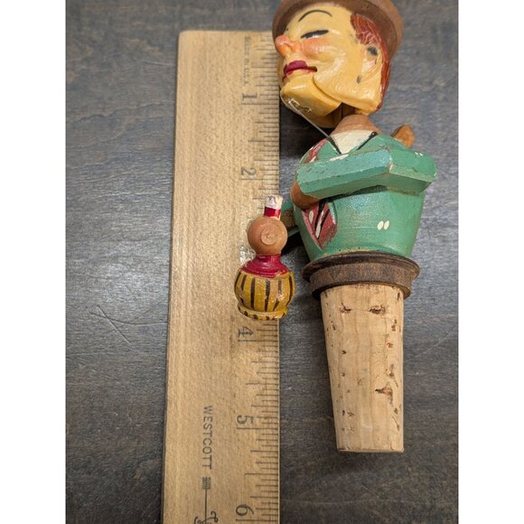 Vintage Hand-Carved Mechanical Cork Bottle Stopper Man Drinking Wine - Picture 12 of 15